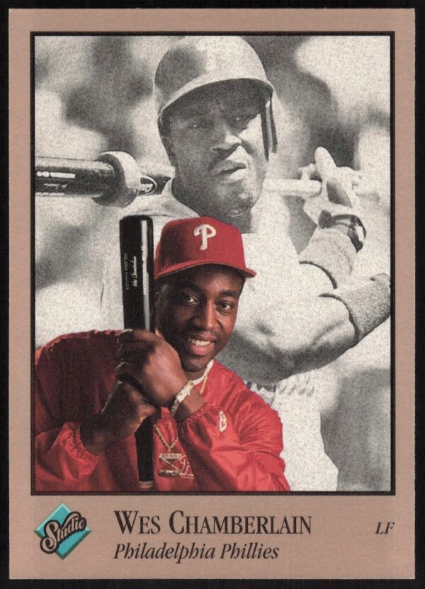 Wes Chamberlain 1992 Leaf Studio baseball card showcasing Phillies portrait and minimalist design.