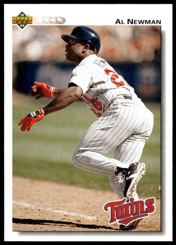 Al Newman 1992 Upper Deck #293 in action, Minnesota Twins uniform, baseball card front.
