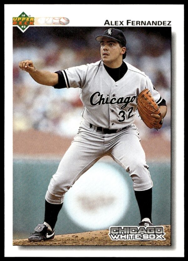 Alex Fernandez 1992 Upper Deck #551, iconic pitching pose, classic baseball card design.