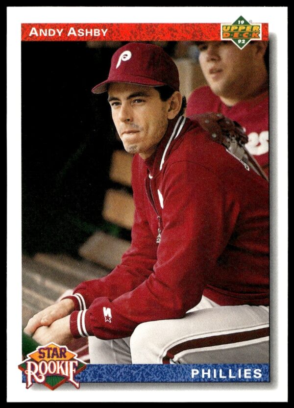 1992 Upper Deck baseball card featuring Andy Ashby in Padres uniform, pitching stance.