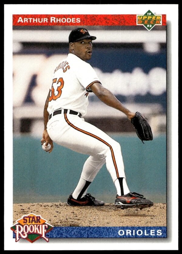 Arthur Rhodes pitching on 1992 Orioles card, #17 by Upper Deck.