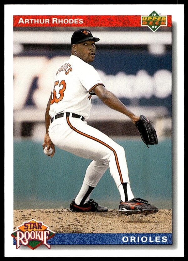 Arthur Rhodes 1992 Upper Deck Rookie Card #17, Baltimore Orioles, pitching action.