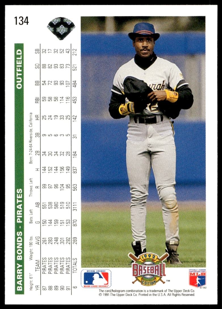 Barry Bonds 1992 Upper Deck Card Back - Stats and Career Summary.
