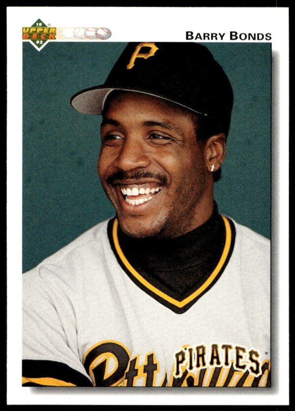 Barry Bonds 1992 Upper Deck card #134, Pittsburgh Pirates, mid-swing action shot.