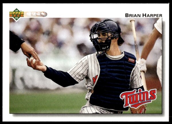 1992 Upper Deck card of Brian Harper, catcher for the Minnesota Twins, #527 front view.