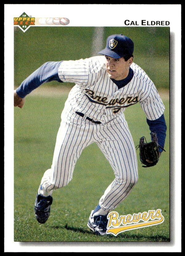 Cal Eldred 1992 Upper Deck baseball card, Milwaukee Brewers pitcher in action, card #477.