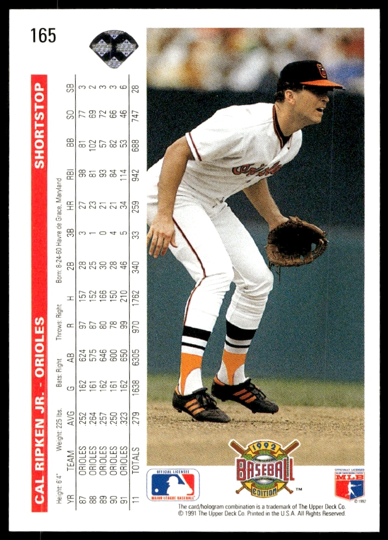 Back of 1992 Upper Deck Cal Ripken Jr. card highlights stats, career, and legacy.