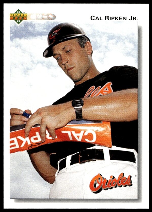 Front of Cal Ripken Jr. 1992 Upper Deck baseball card #165 in Orioles uniform.