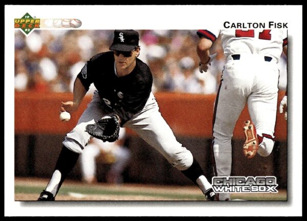 1992 Upper Deck Carlton Fisk baseball card #571, featuring Fisk in catcher gear, field action scene.
