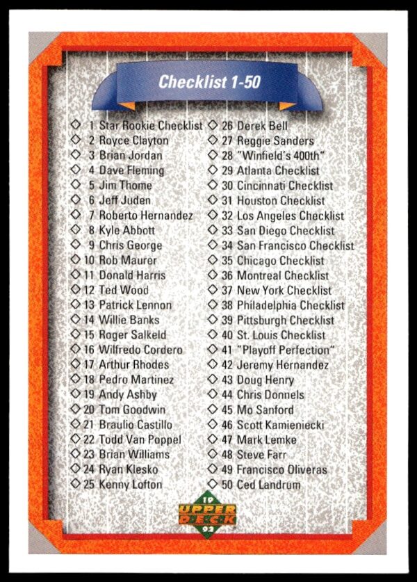 Upper Deck 1992 Baseball Checklist Card #100, showcasing cards 1-100 summary.