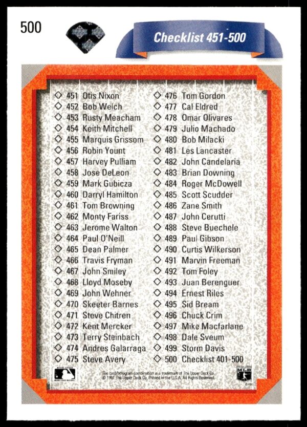 Front of 1992 Upper Deck Baseball Checklist Card, Nos. 401-500.