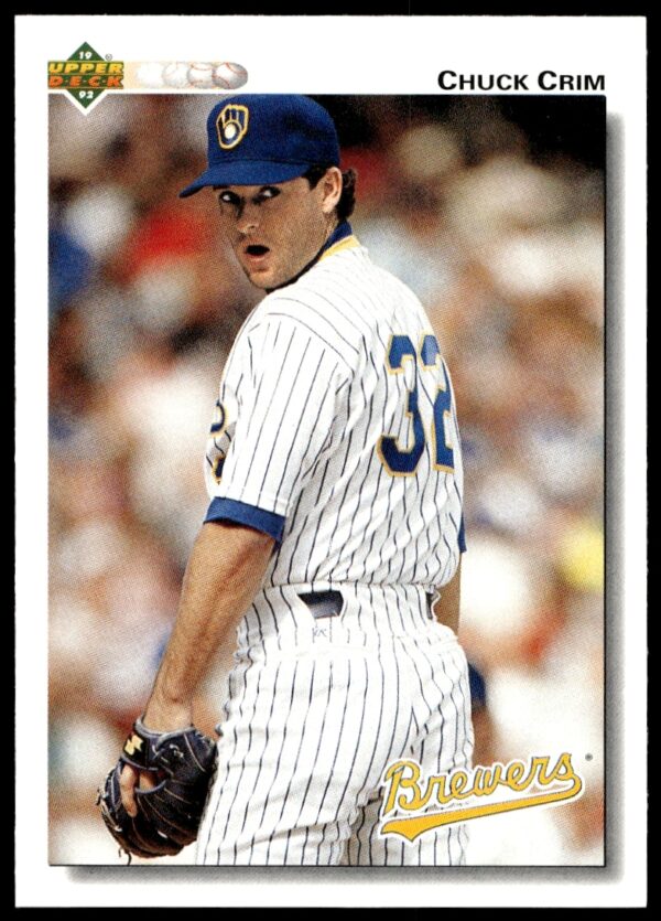 Chuck Crim 1992 Upper Deck Baseball Card #496, dynamic mid-pitch action shot.