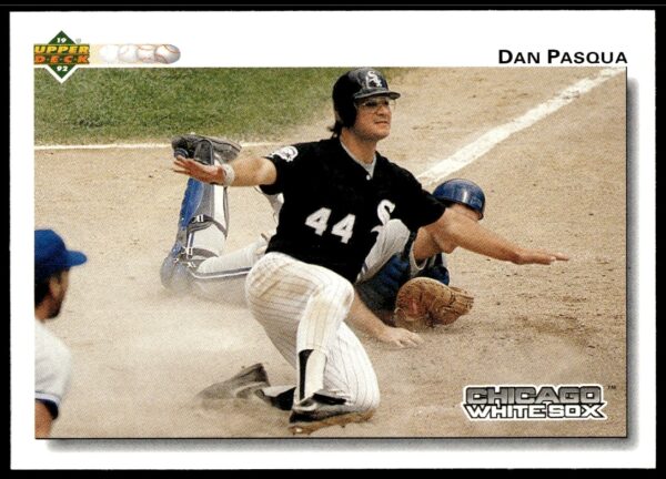 Dan Pasqua 1992 Upper Deck card #281, dynamic action pose in team uniform.