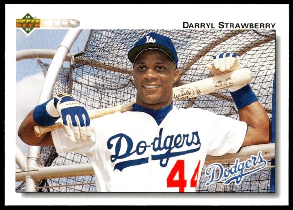 Darryl Strawberry 1992 Upper Deck Baseball Card #174 in Dodgers uniform, ready to swing.