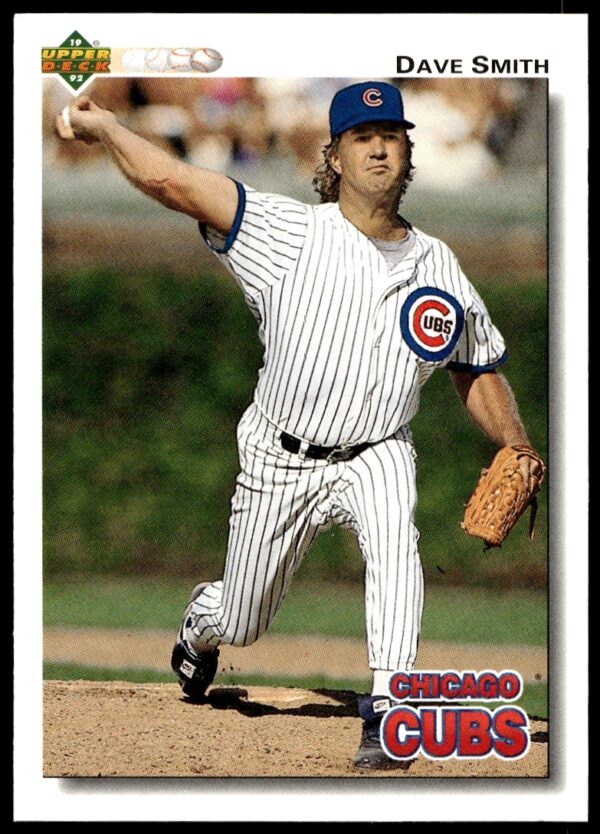 Front of 1992 Upper Deck Dave Smith baseball card, #549, featuring pitcher in team uniform.