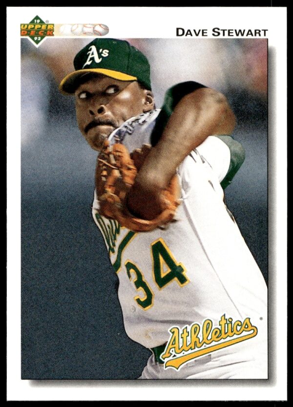 1992 Upper Deck Baseball Card of Dave Stewart, Oakland Athletics Pitcher, #547, Mid-Pitch Action.