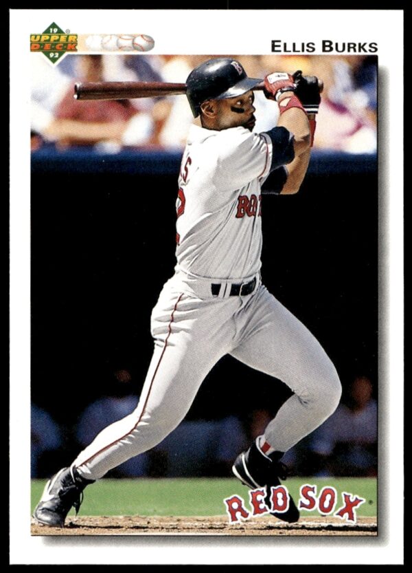 1992 Upper Deck baseball card showing Ellis Burks in a Boston Red Sox action scene.