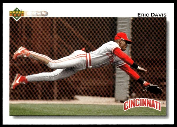 Eric Davis 1992 Upper Deck baseball card, mid-swing in Dodgers uniform, collectible.