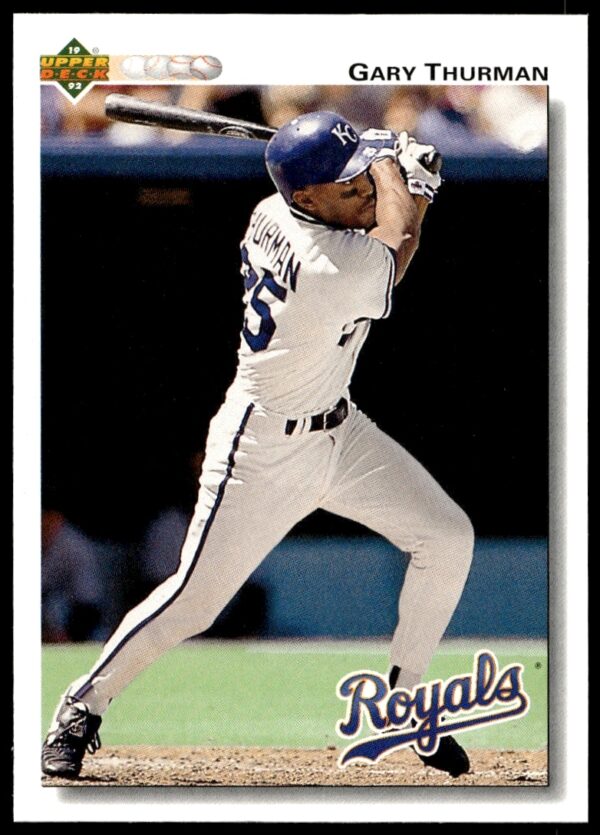 Front of 1992 Upper Deck baseball card, Gary Thurman #629, in-game action shot.
