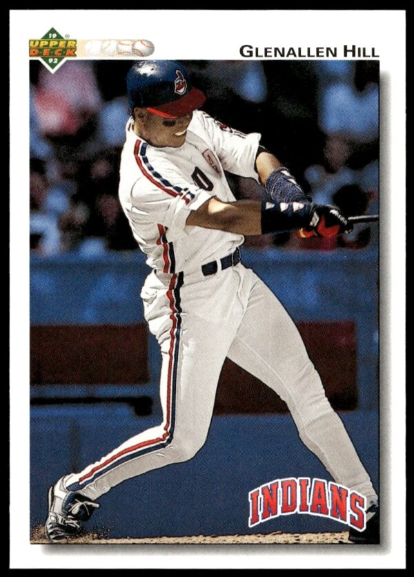 1992 Upper Deck Glenallen Hill Baseball Card #558, Mid-Swing Action Pose.