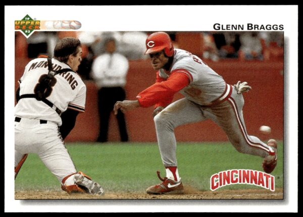 Glenn Braggs 1992 Upper Deck Card #341, Cincinnati Reds Uniform, Dynamic Baseball Action.