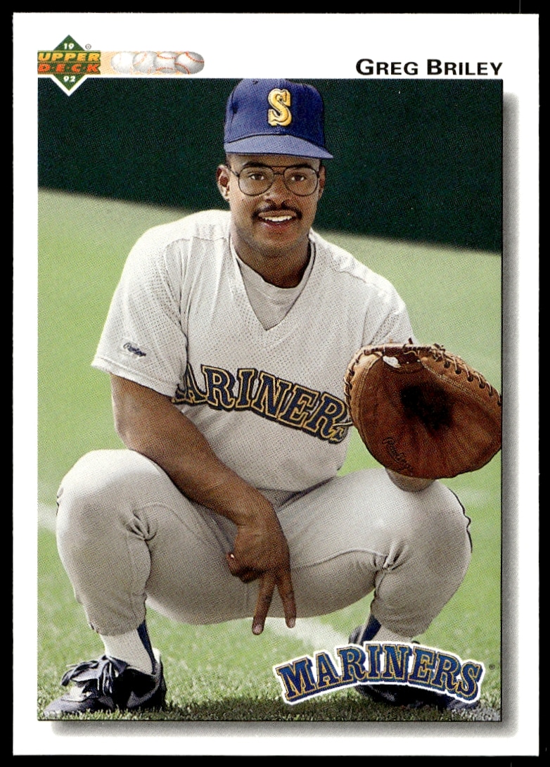 1992 Upper Deck Greg Briley baseball card, number 369, featuring action shot on a vibrant field.