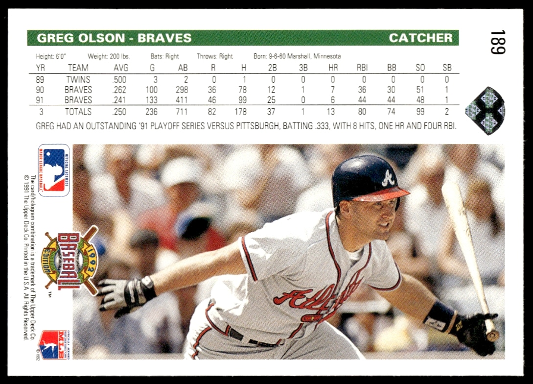 Back of Greg Olsons 1992 Upper Deck card #189 showcasing stats and career highlights.