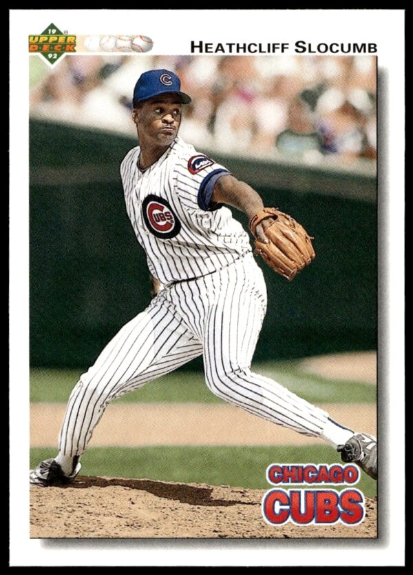 1992 Upper Deck Heathcliff Slocumb baseball card #569 featuring him in pitching pose.