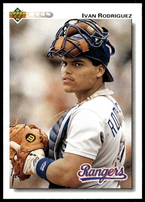 Ivan Rodriguez 1992 Upper Deck card, Texas Rangers catcher, #245, action shot.