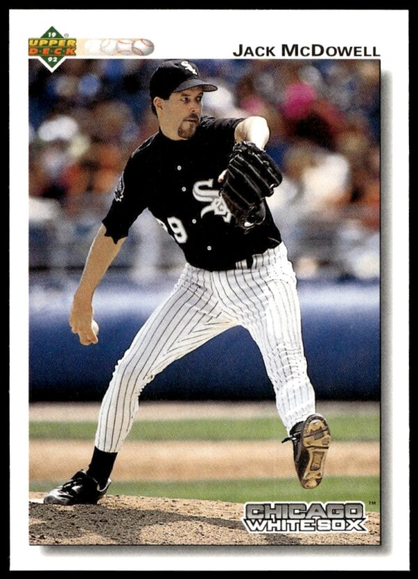 Jack McDowell pitching, 1992 Upper Deck card highlights powerful baseball moment.