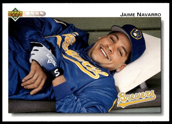 Jaime Navarro pitching, 1992 Brewers Upper Deck card #633, Milwaukee uniform.