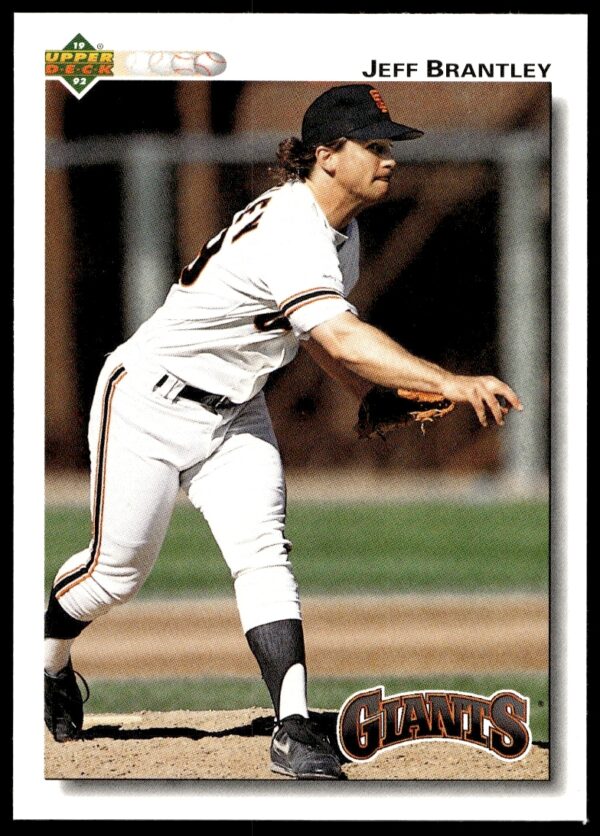 Jeff Brantley 1992 Upper Deck Card #581 showing pitcher action pose in team uniform.
