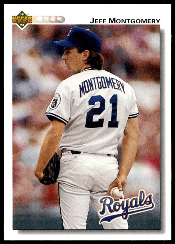 Front of 1992 Upper Deck Jeff Montgomery baseball card #627, featuring Kansas City Royals pitcher.