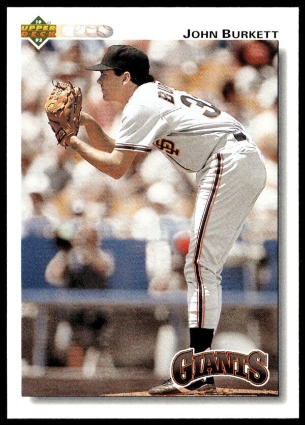 John Burkett 1992 Upper Deck card #148, San Francisco Giants pitcher, mid-pitch action shot.