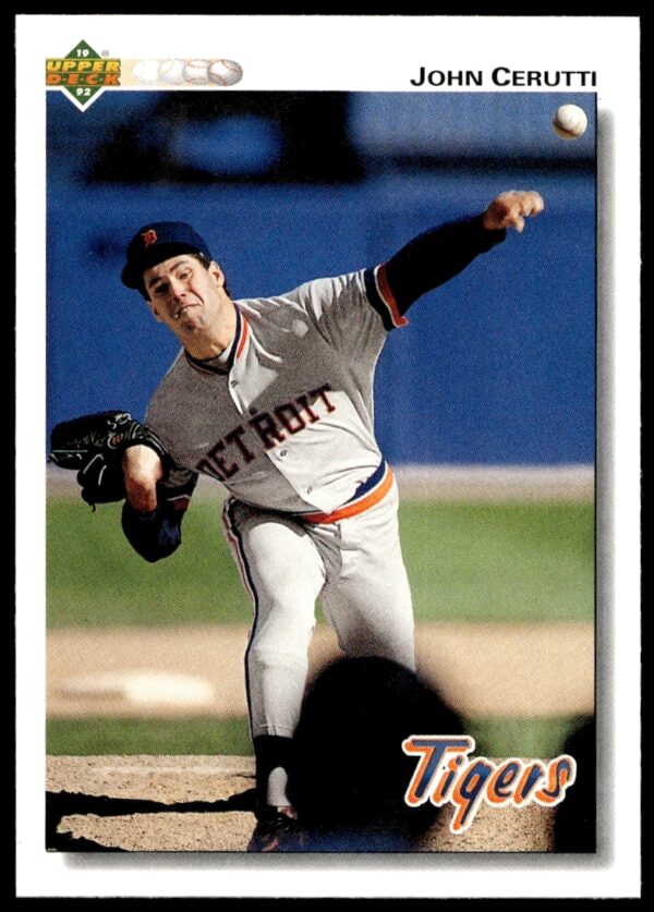 John Cerutti 1992 Upper Deck baseball card #487 featuring a mid-pitch action shot.
