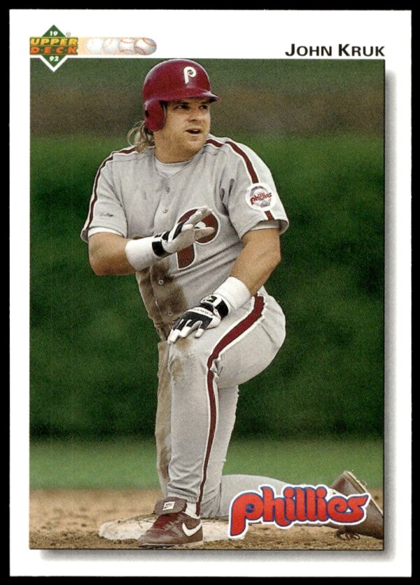 John Kruk 1992 Upper Deck #326 baseball card with Phillies uniform and action shot.