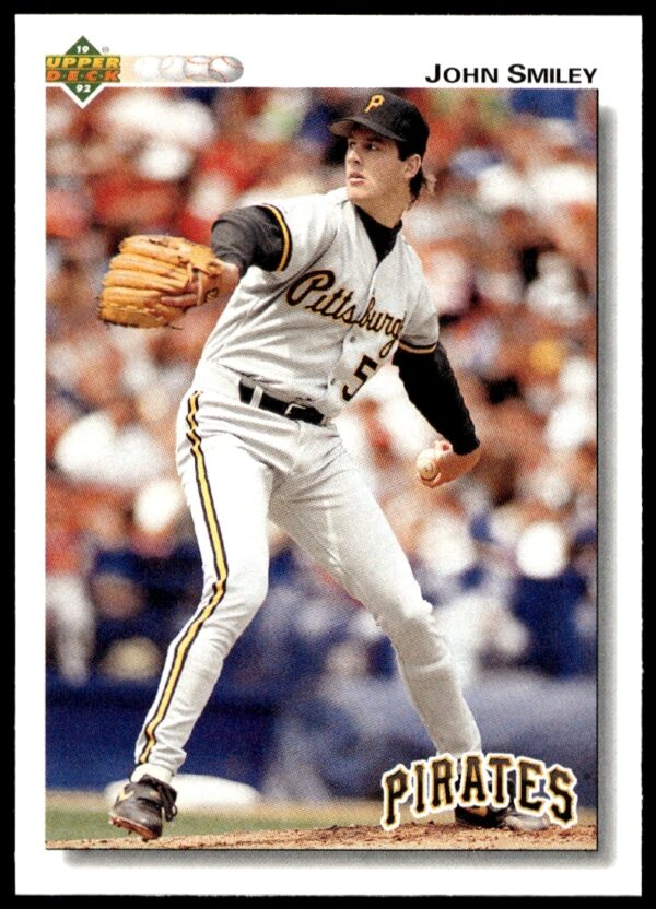 John Smiley pitching, 1992 Upper Deck #467, Pittsburgh Pirates, action shot.