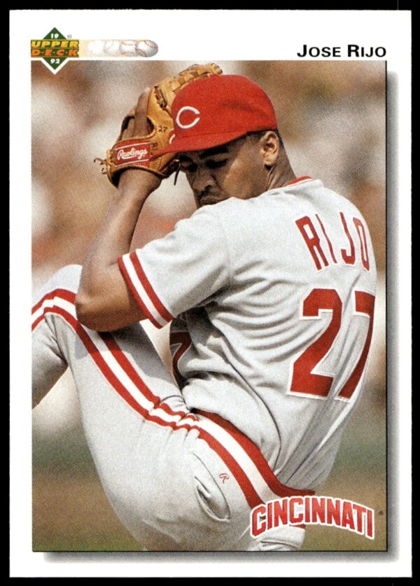 Jose Rijo 1992 Upper Deck baseball card, showcasing Reds pitcher mid-action, #258.