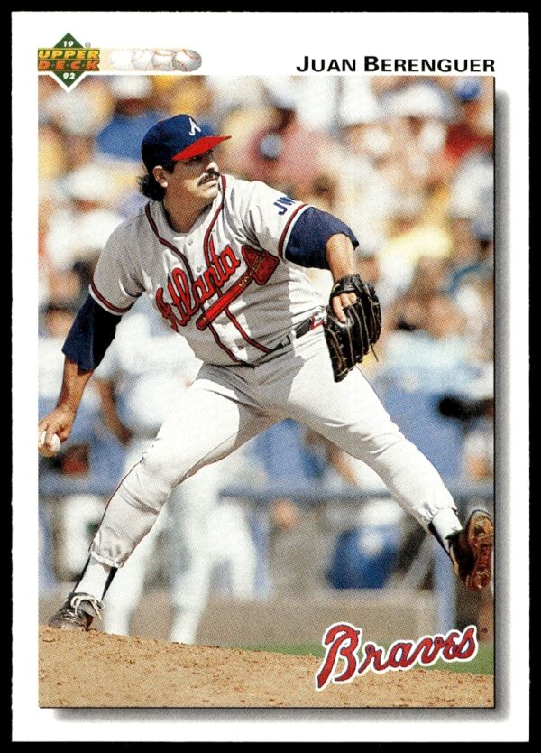 1992 Upper Deck Juan Berenguer Braves pitching card, dynamic action, card #493, classic baseball.