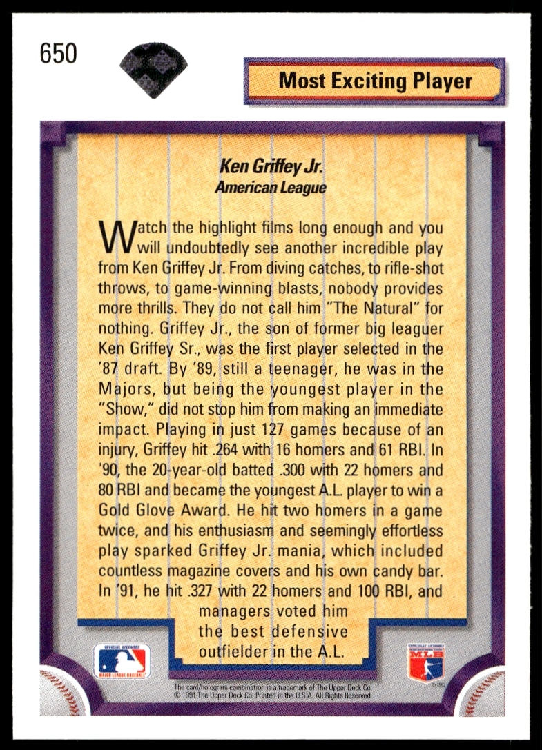 Ken Griffey Jr. 1992 Upper Deck card back with stats, bio, and highlights.