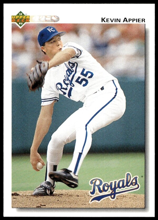 Kevin Appier 1992 Upper Deck Royals Pitcher Card #159, Mid-Pitch Action Shot.
