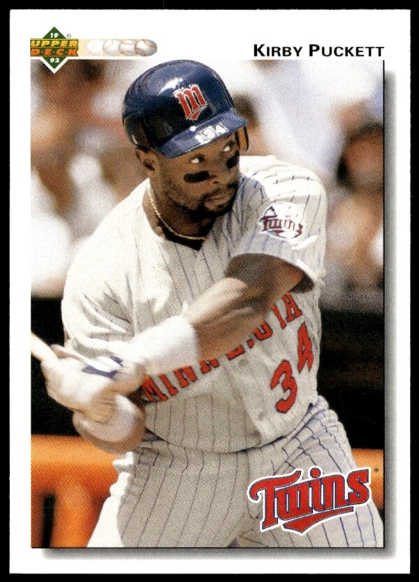 Kirby Puckett 1992 Upper Deck baseball card #254, showcasing him mid-swing in Twins uniform.