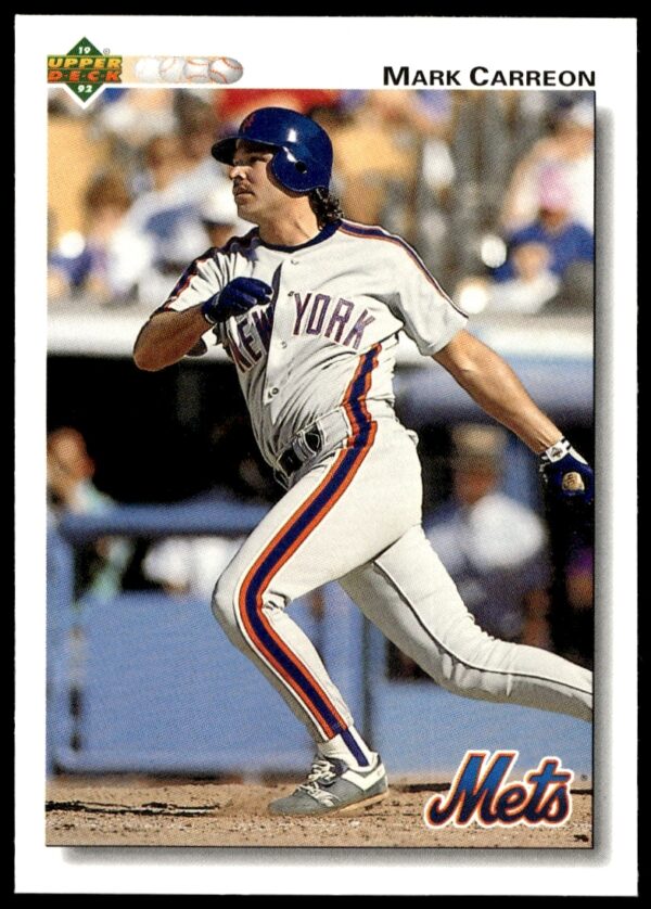 1992 Mets baseball card featuring Mark Carreon mid-swing, captured in iconic Upper Deck style.