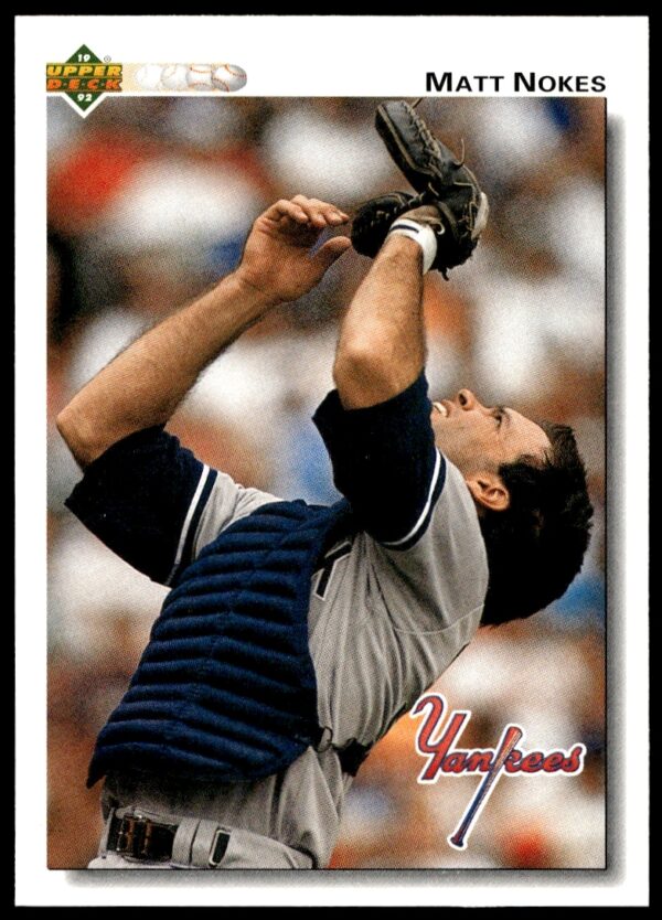 Front of 1992 Upper Deck Baseball Card #295 featuring Matt Nokes in batting stance.