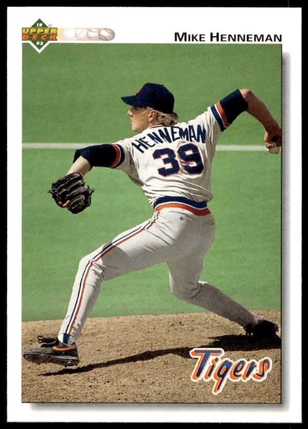 Mike Henneman pitching, 1992 Upper Deck baseball card, Detroit Tigers, dynamic shot, #339.