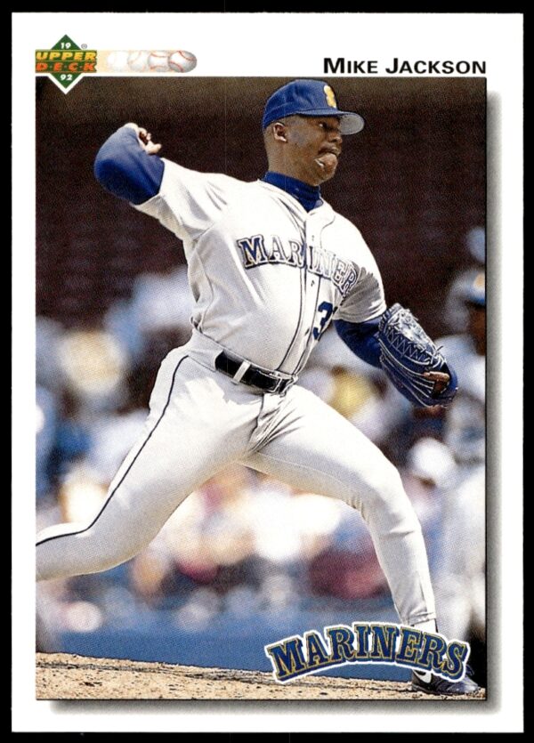 Mike Jackson 1992 Upper Deck baseball card #593, showcasing him pitching in his team uniform.