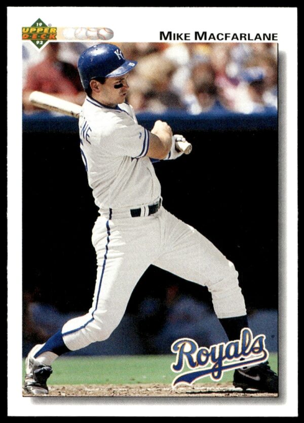 Mike Macfarlane 1992 Upper Deck card, Kansas City Royals catcher action shot.