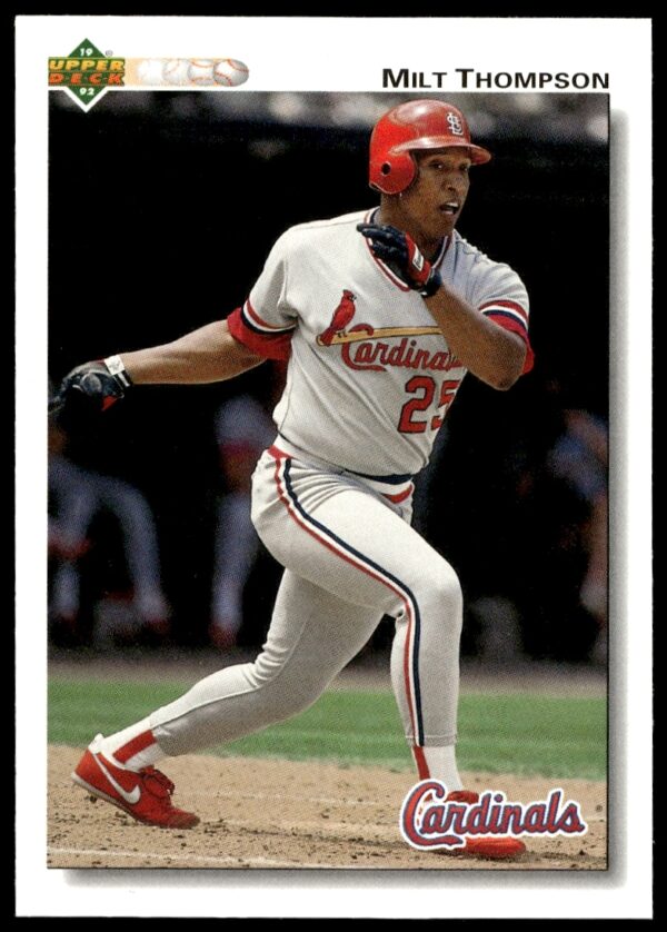 1992 Upper Deck baseball card with Milt Thompson in Phillies uniform, showcasing dynamic action.