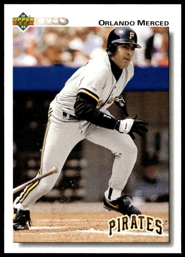 Orlando Merced 1992 Upper Deck card #517 showcasing Pirates player in batting stance.
