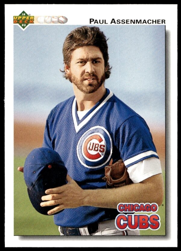 1992 Upper Deck Baseball Card of Paul Assenmacher mid-pitch with the Chicago Cubs.